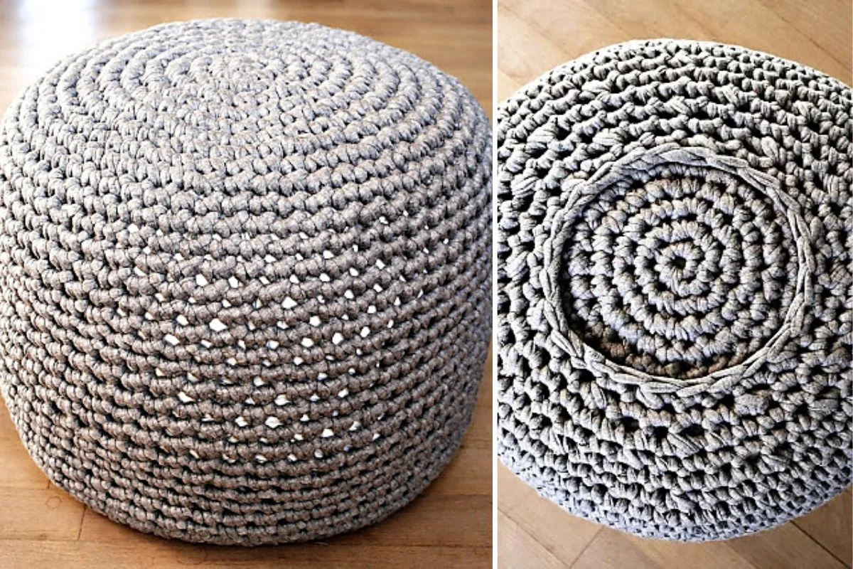 A round, beige crochet pouf ottoman shown from the side and top, placed on a wooden floor.