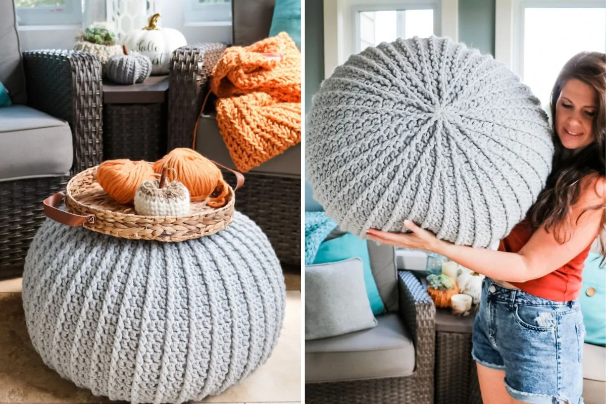 A large, round, light gray textured floor pouf is shown in a living room; a woman holds the pouf in one image, and yarn with needles rests on it in the other.