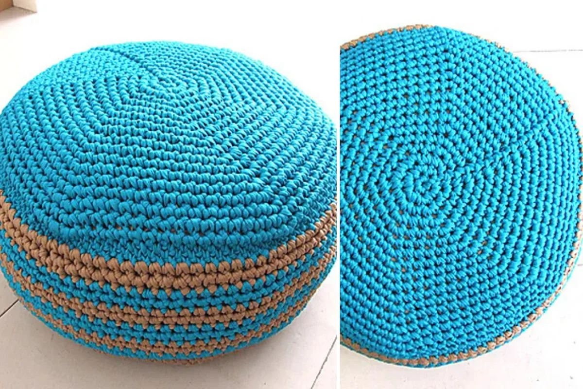 A round, crocheted floor cushion with bright turquoise and tan yarn, shown from a side angle and a top-down view on a tiled floor.