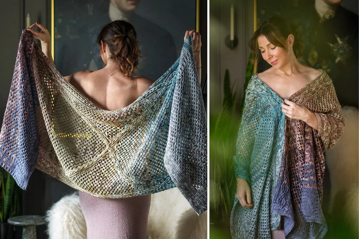 A woman displays a large, multicolored crochet shawl, showing its size from the back on the left and wearing it draped over her shoulders on the right.