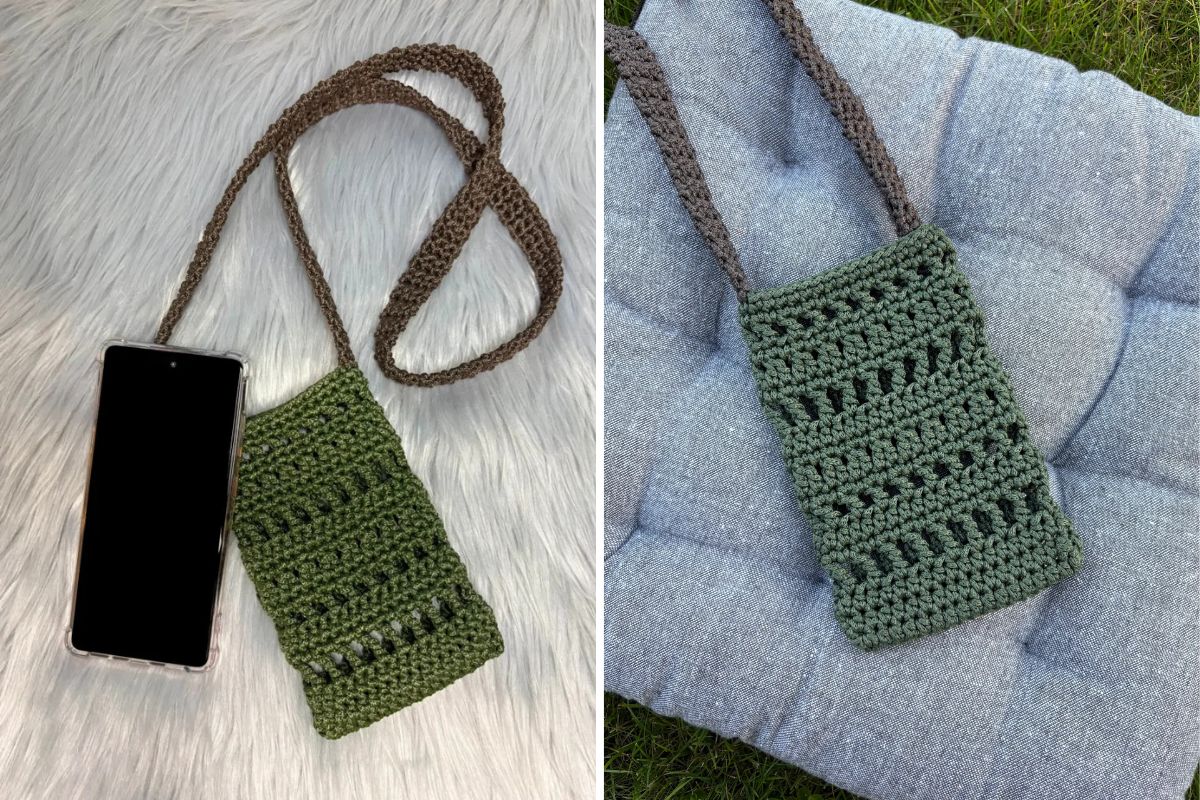 A handmade green crochet phone pouch with a brown strap is pictured on a white furry surface and on a gray cushion. A phone is partially inside the pouch in the left image.