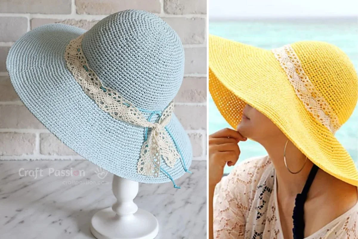Two wide-brimmed Raffia Beach Hats with lace bands—one in light blue displayed on a stand, and one in yellow worn by a person strolling along the seaside.