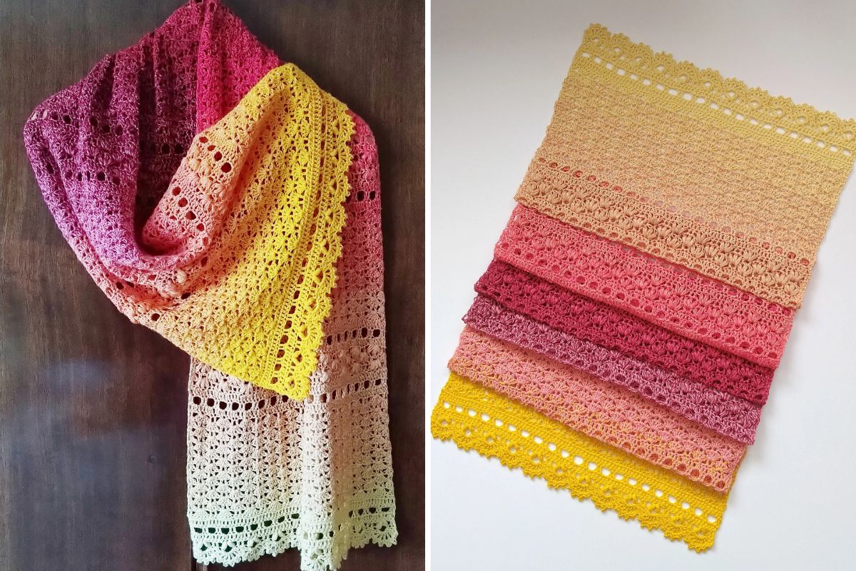 Crocheted scarf with an ombre gradient from pink to yellow, displayed draped on wood and laid flat to show lace pattern and color transitions.