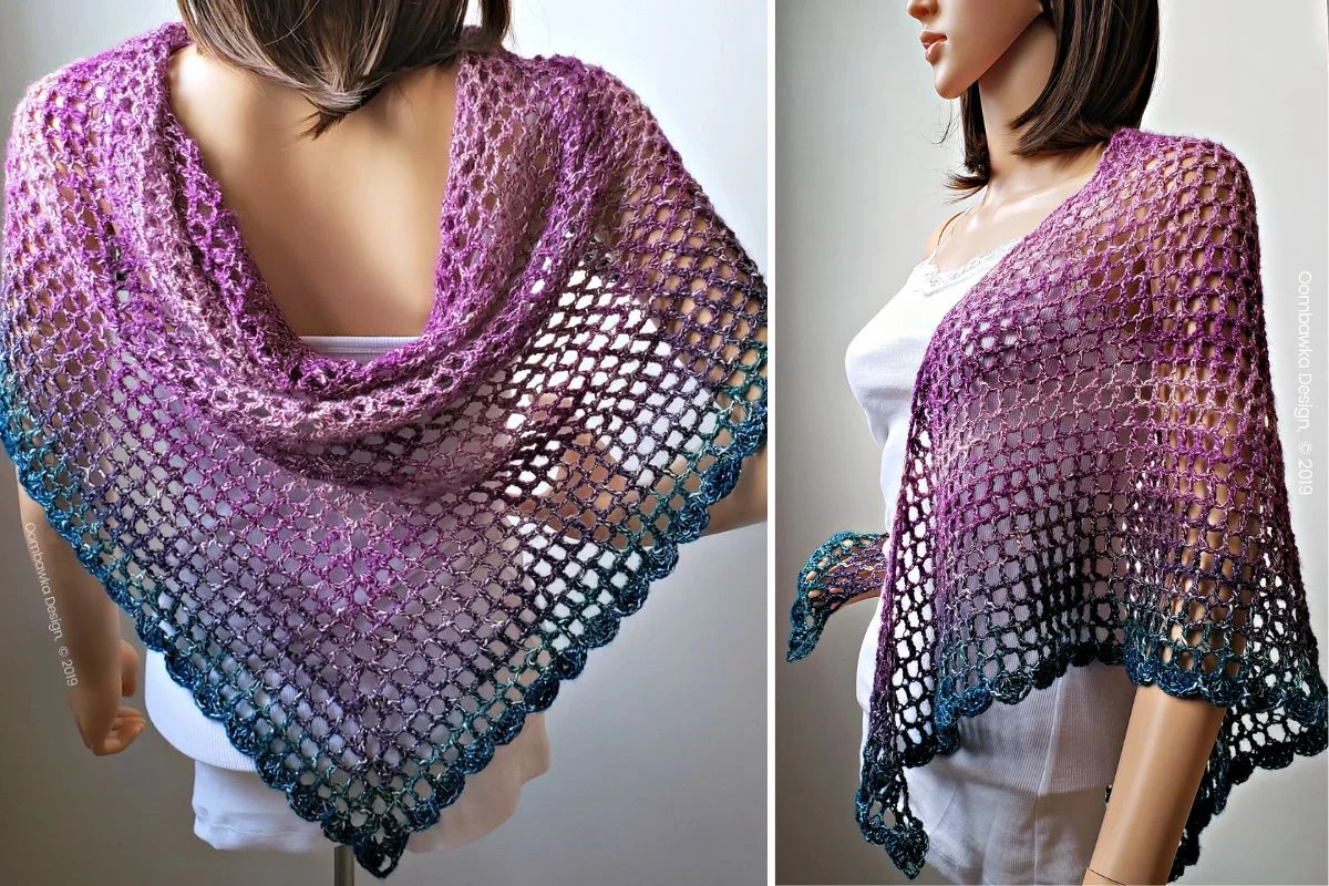 A mannequin wears a crocheted shawl with a gradient pattern from purple to blue, displayed from the back and side on a white background.