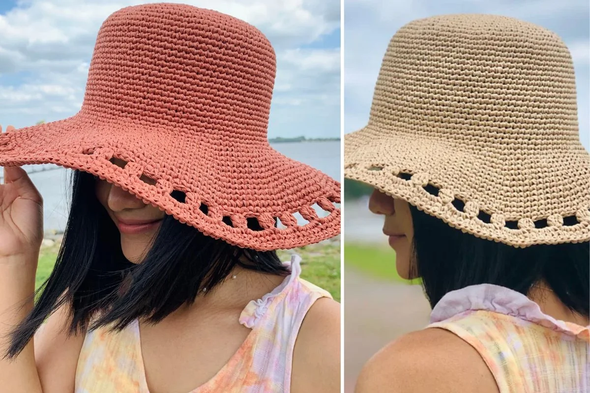 Side-by-side image of a woman wearing two different wide-brimmed crochet hats—one in rust, one in beige—outdoors near water, showcasing stylish Raffia Beach Hat options.