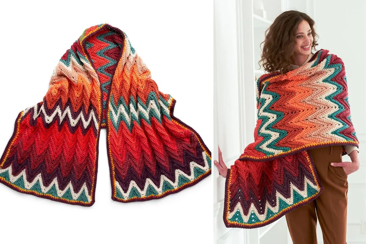 A woman wears a large crochet shawl with colorful zigzag stripes in red, orange, yellow, green, and purple. A close-up of the shawl is shown on the left.