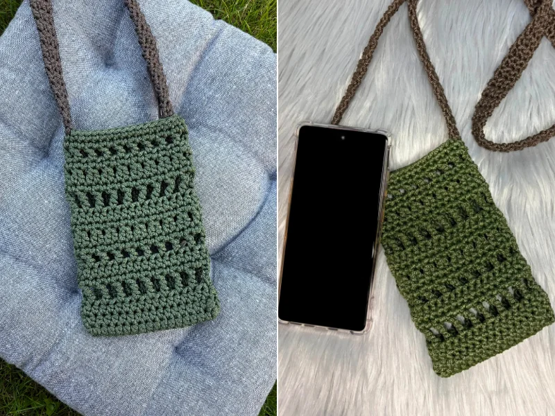 Two images show a green crocheted phone pouch with a brown strap, displayed on a cushion outdoors and next to a smartphone on white fur—perfect for those who love unique accessories or are searching for a free crochet summer pattern.
