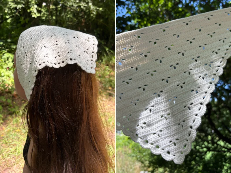A person wearing a white, crocheted headscarf with a scalloped edge; close-up on right shows the lace pattern and texture in sunlight.