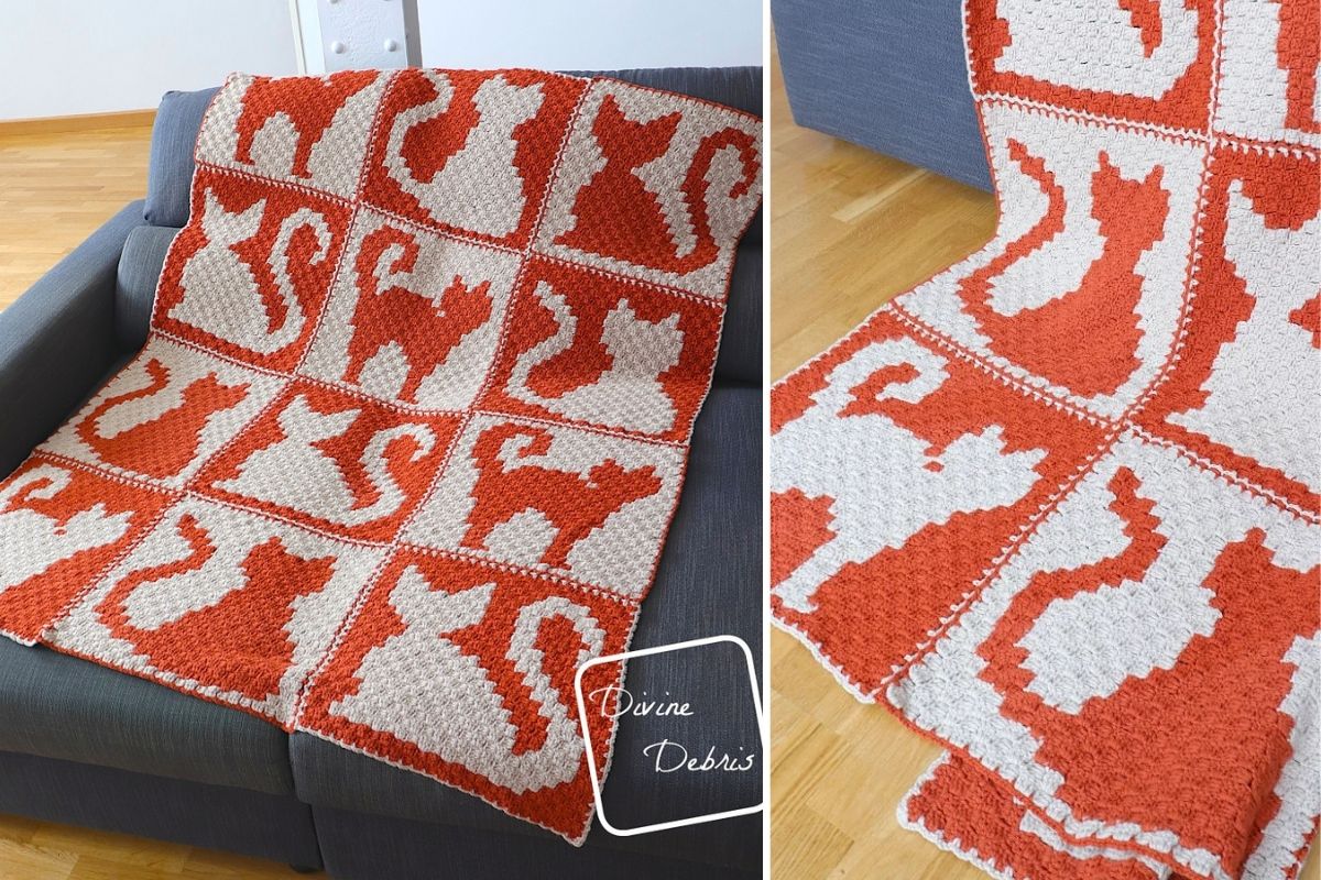 A C2C Blanket with alternating red and white squares, each featuring a silhouette of a cat or a squirrel, draped over a gray couch—a perfect Cat Lady Blanket for any cozy space.