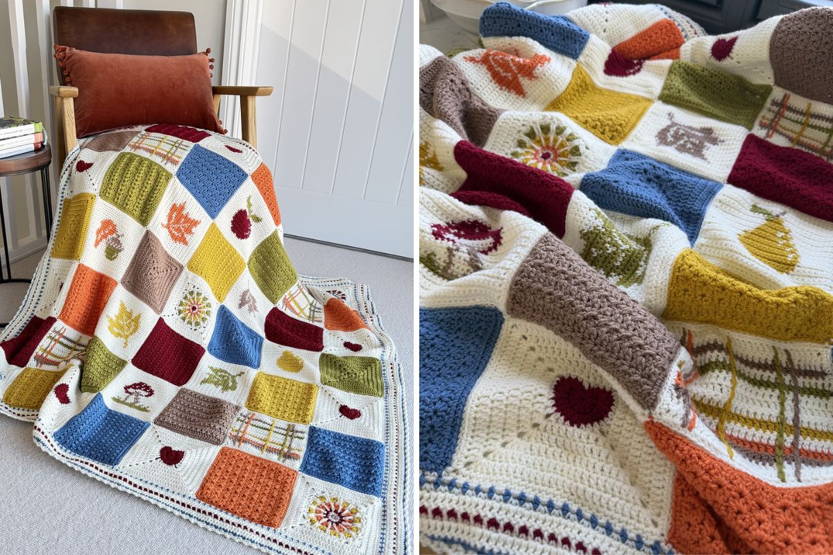 A multicolored crocheted blanket with autumn-themed square patterns draped over a chair, shown in a wide and close-up view—this cozy creation is like a collection of Love Letters to Autumn, capturing the season’s warmth and beauty in every stitch.