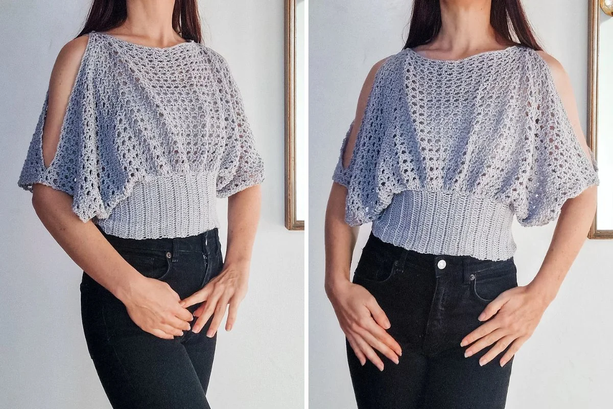 Woman wearing a light purple crocheted pearl lace cold-shoulder top with short sleeves and black pants, shown from front and side angles.