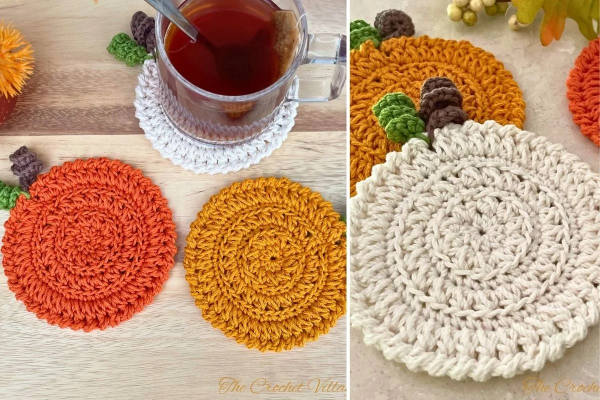 Three crocheted pumpkin-shaped coasters, inspired by a vibrant pumpkin patch, are displayed on a wooden surface—one white and two orange. A glass mug of tea sits invitingly on one of the charming pumpkin coasters.