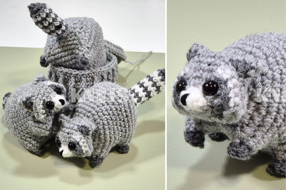 Three crocheted gray raccoon figures with striped tails are displayed on a light surface; a close-up of one raccoon is shown on the right side of the image.