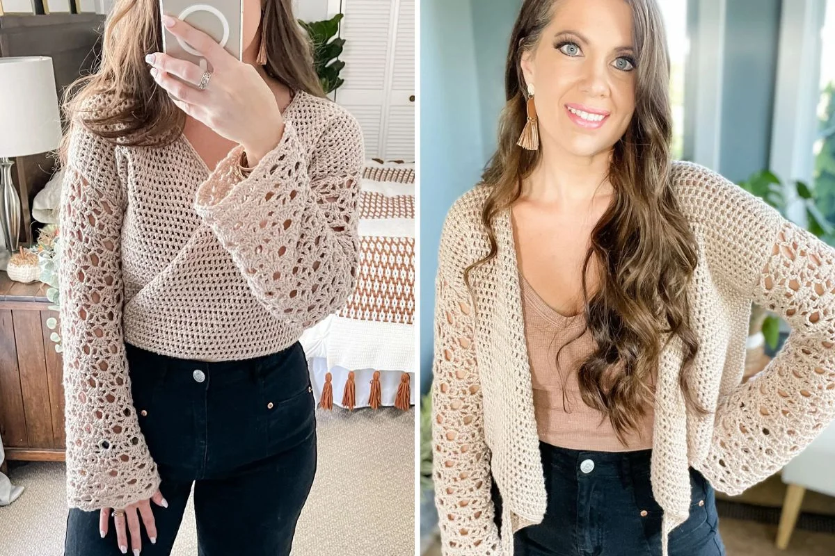 Woman wearing the Sandy Sea Shells Wrap Cardi, a beige crocheted wrap sweater, styled with black high-waisted pants. Featured in both a mirror selfie and a front-facing portrait indoors.