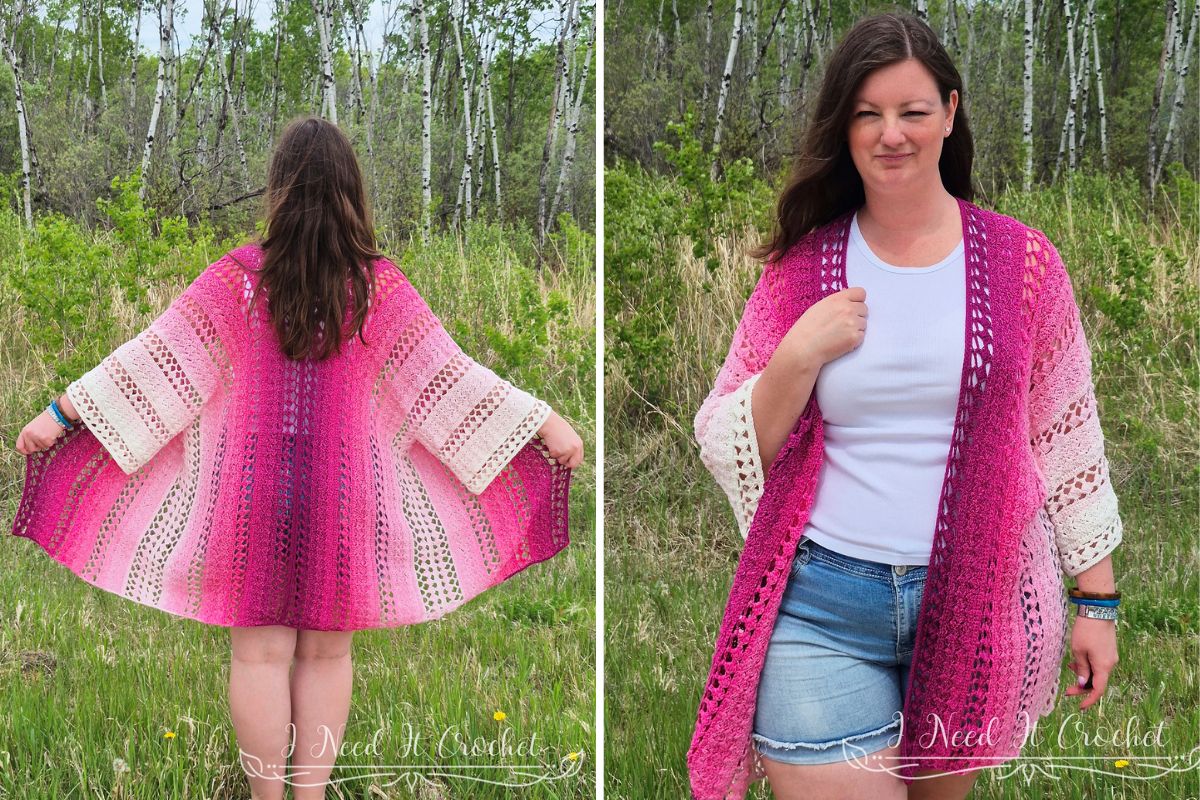 Woman outdoors modeling a pink and white slightly slanted cardigan; back view on left and front view on right. She stands on grass with trees in the background.