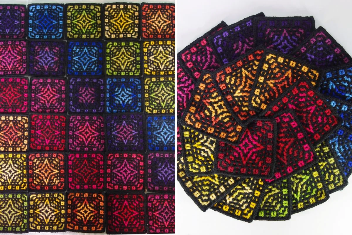 Two images show colorful, geometric crochet squares arranged in a grid on the left and in a circular pattern on the right, evoking the vibrant design of a Starburst Blanket, with hues transitioning through the rainbow spectrum.