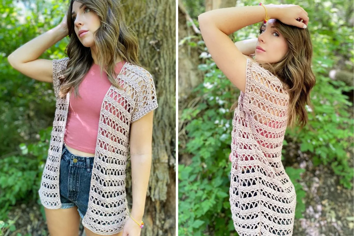 Woman wearing a pink top, denim shorts, and a beige crochet cardigan stands outdoors in front of green foliage and a tree, shown from the front and back.