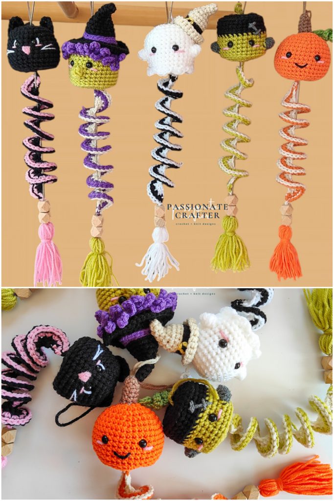 Crochet Halloween Wind Spinner with pumpkin, ghost, witch, black cat and Frankenstein