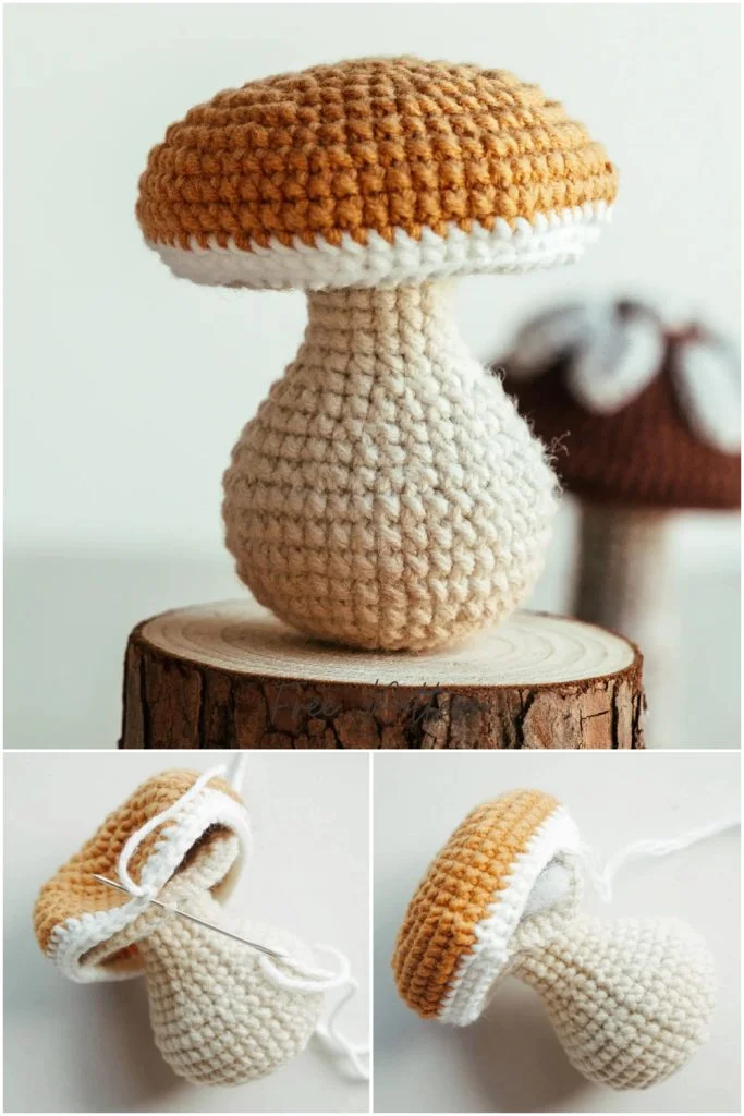 Crocheted mushroom plush toy on a wooden surface, shown from different angles in three images, highlighting its brown cap and beige stem.