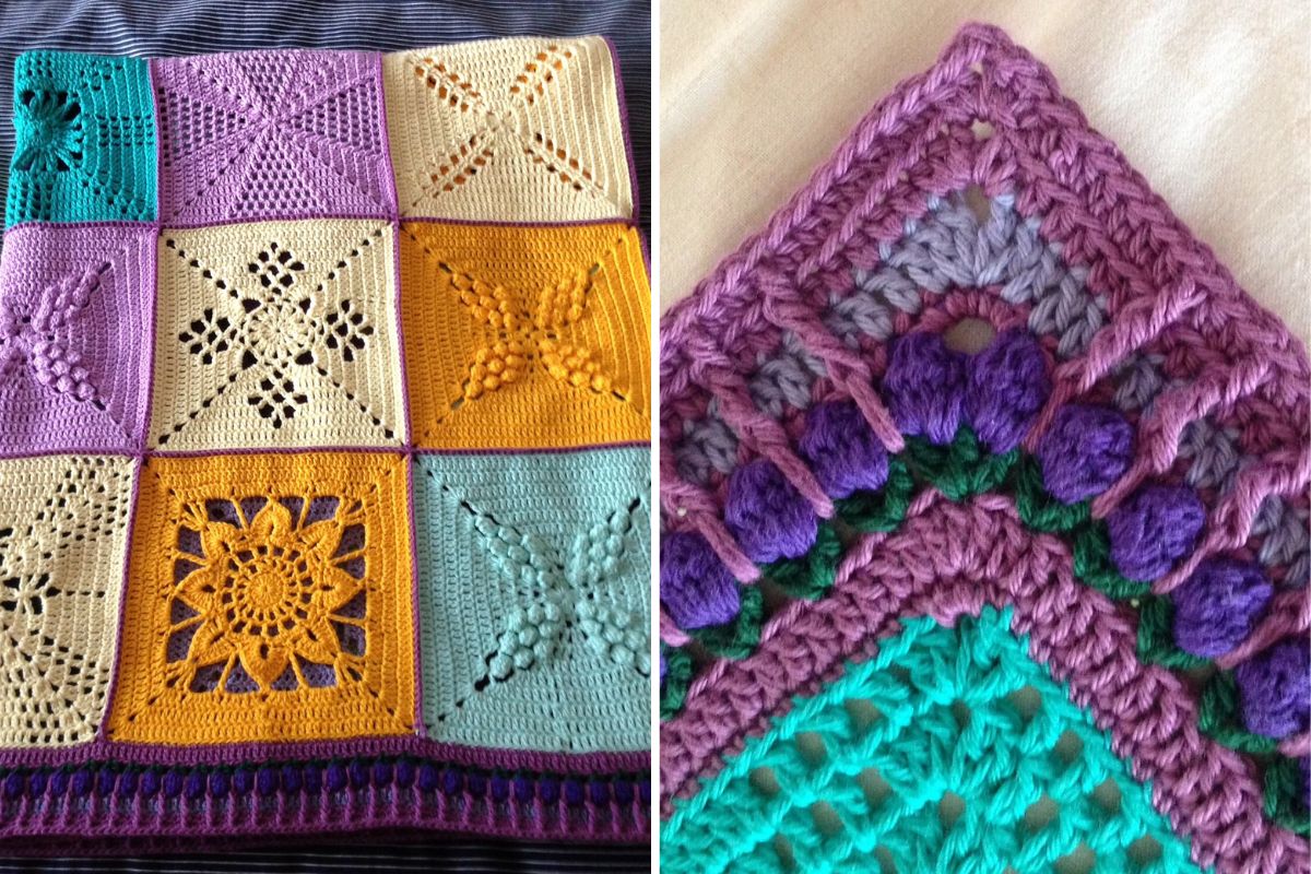 A crocheted blanket made of multicolored square motifs with various patterns, shown in full and in a close-up of the corner detailing—perfect for those cozy moments when you want to Meet Me On The Corner.