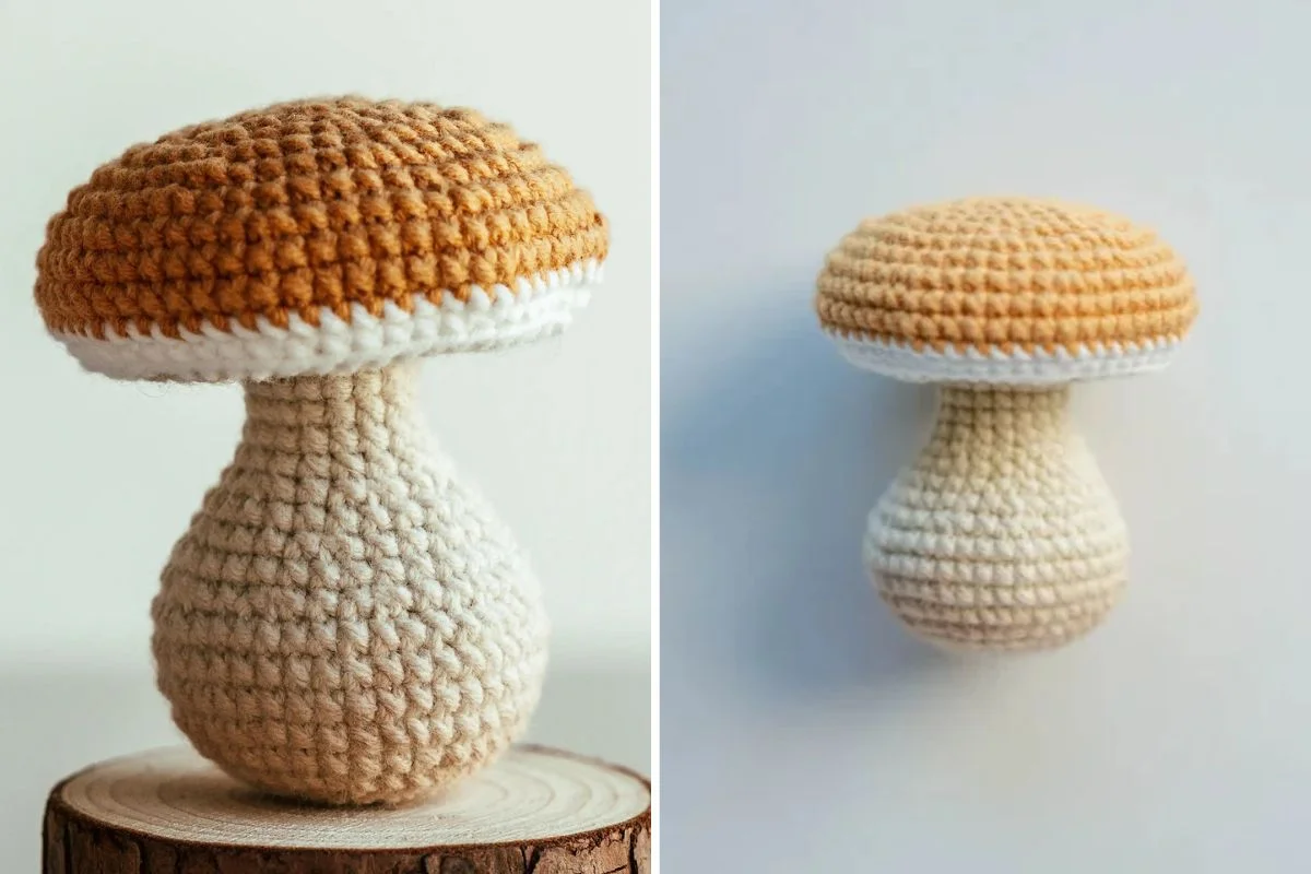 A crocheted mushroom toy with a brown cap and beige stem is shown from two angles, standing upright on a wooden surface.