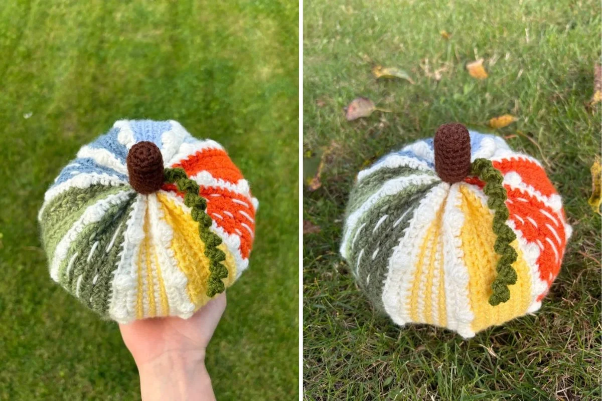 Two views of a hand holding a colorful pumpkin—knitted in vibrant multicolors with a brown stem—shown against a grassy background.