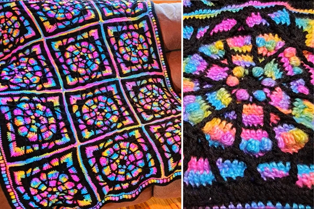 A crochet stained glass blanket featuring vibrant, stained-glass-inspired patterns bordered in black, shown in full on a couch and in close-up detail.