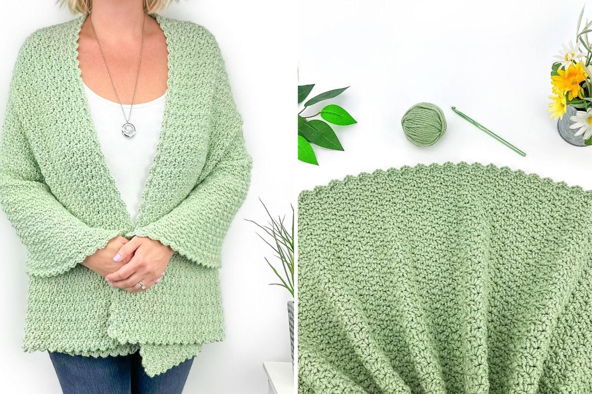 Woman wearing a light green crochet cardigan next to a flat lay of the same cardigan, a Dreamy Shawl, a crochet hook, green yarn ball, and flowers on a white background.