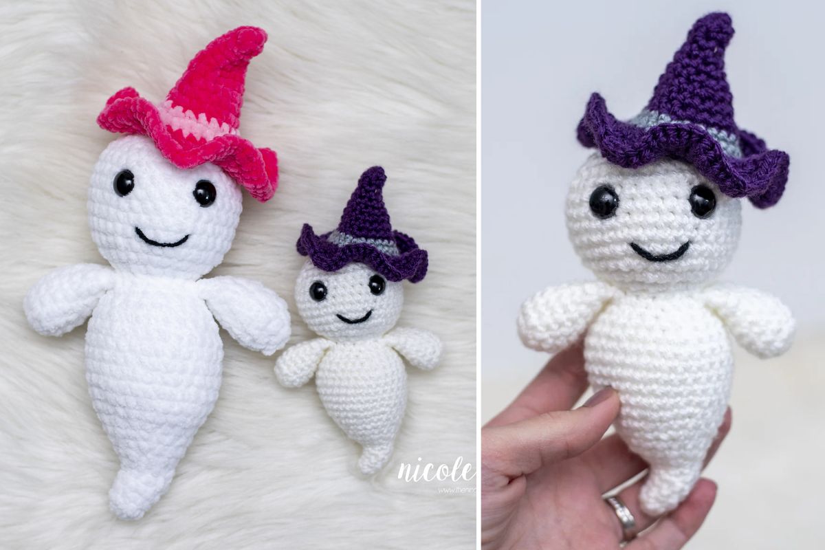 Two crocheted ghost dolls with smiling faces and black eyes; one wears a pink hat, while Gilbert the Ghost sports a purple hat. A hand holds the purple-hatted Gilbert the Ghost in the right image.