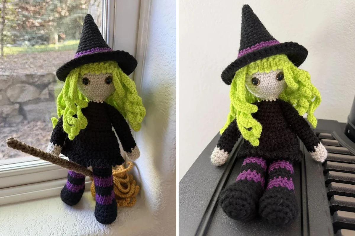 Crocheted Witch Doll dressed in a black hat, with Gina’s signature green hair, striped purple and black stockings, and holding a broomstick. Shown sitting by a window and on a keyboard.