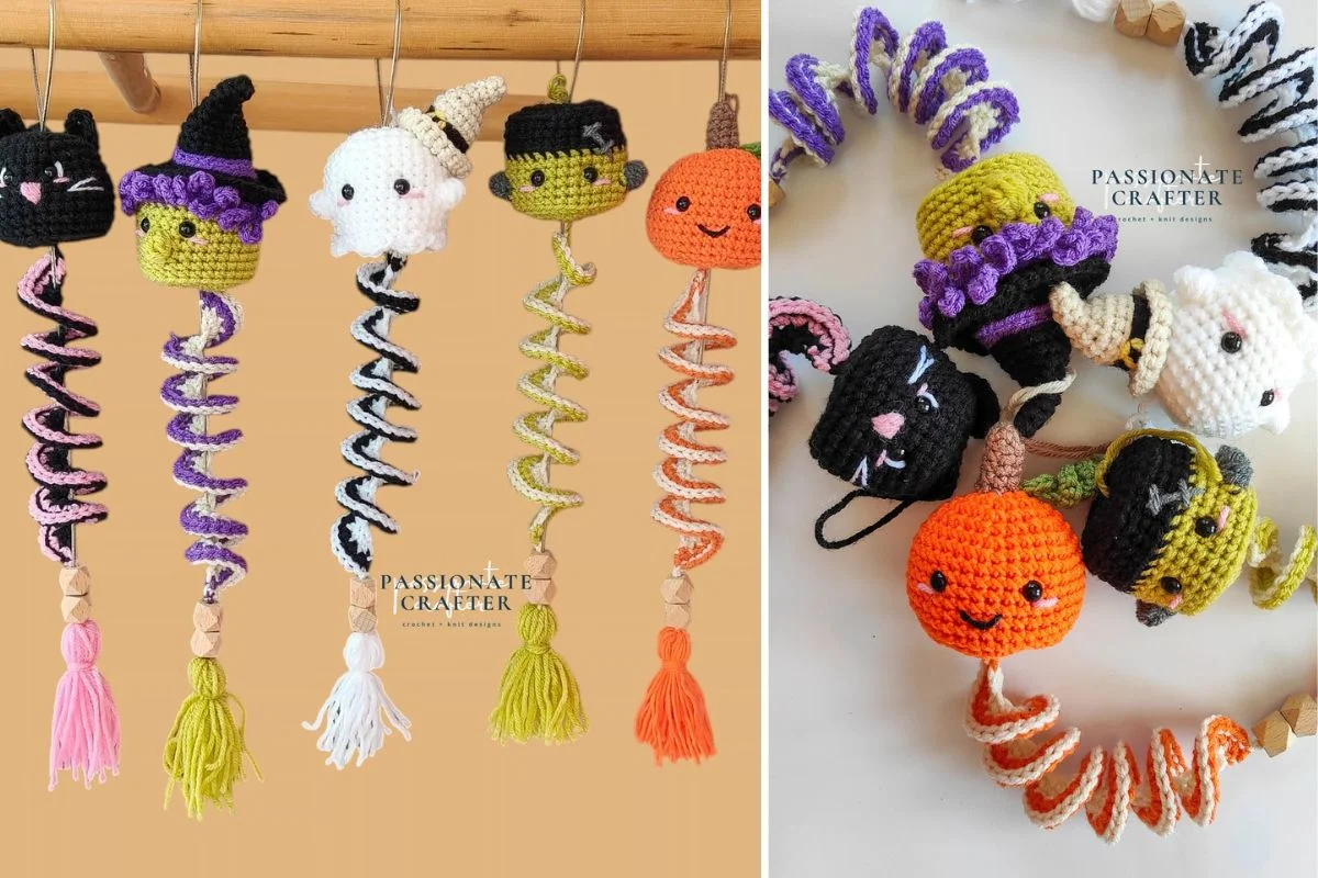 Crocheted Halloween-themed spiral toys featuring cats, pumpkins, witches, and ghosts in various colors, shown hanging and grouped on a flat surface.