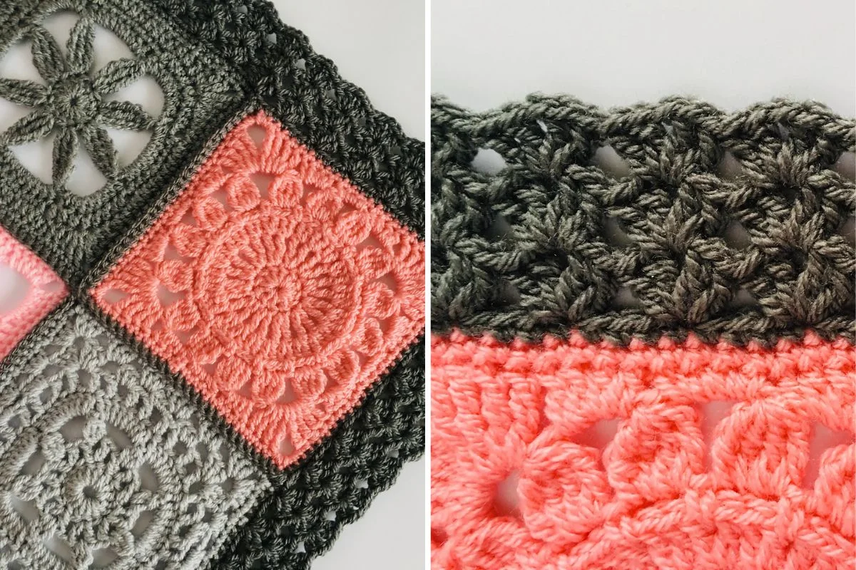 Close-up of crocheted granny squares in gray, green, and coral yarn, featuring different textures and stitches in a patchwork and border pattern with delicate Iris Stitch Edging.