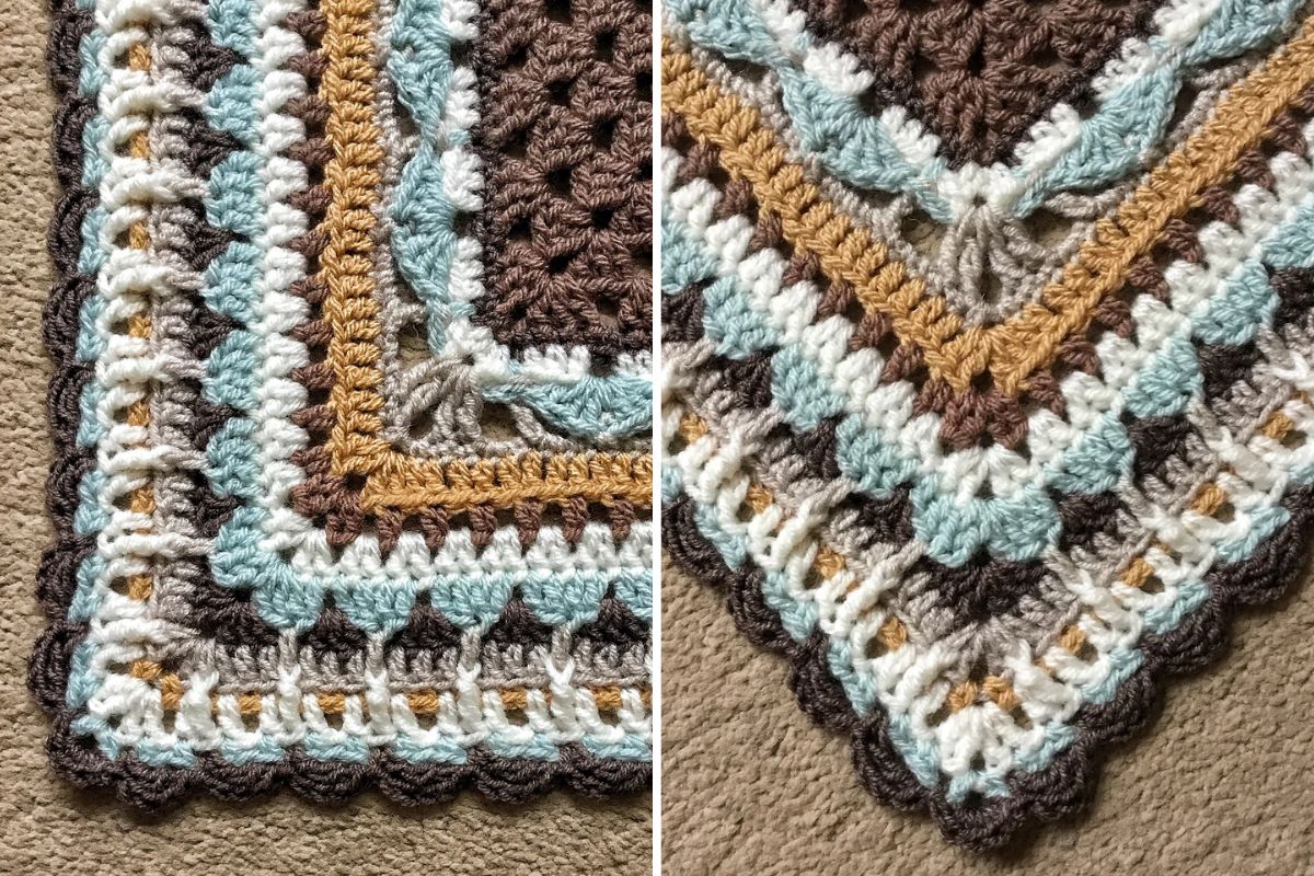 Close-up of a crocheted blanket corner showing rows of brown, white, blue, tan, and gray yarn with various textured stitch patterns and a neat edging, placed on a beige carpet—perfect for those cozy moments when you want to Meet Me On The Corner.