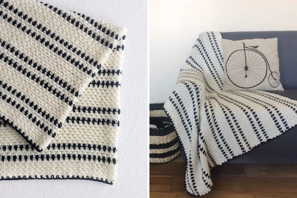 A black and white striped crochet blanket is shown folded on a surface and draped over a gray couch with a pillow featuring a bicycle design.