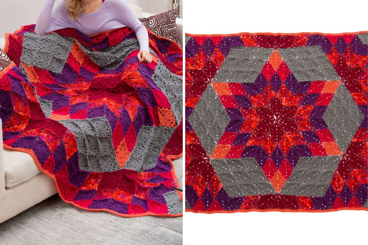 A person sits on a couch covered with a crocheted Prairie Star Throw blanket featuring a geometric star pattern in red, purple, gray, and orange. Close-up shows the blanket’s detailed design reminiscent of a quilt pattern.