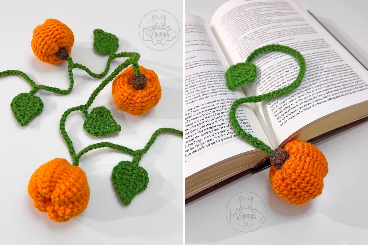 Crocheted orange pumpkin bookmarks with green leaves and stems, displayed flat and in use inside an open book.