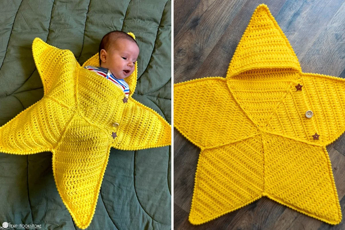 A baby wrapped in a yellow crocheted Star Sleep Sack, shaped like a star, is shown on the left; the empty Star Sleep Sack is displayed flat on the right.