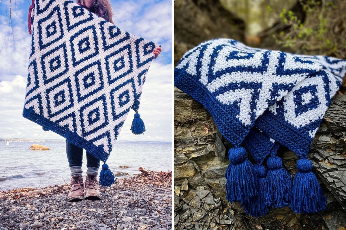 A person holds a blue and white Reversible Geometric Blanket with tassels by a lake; close-up of the same blanket on rocks.