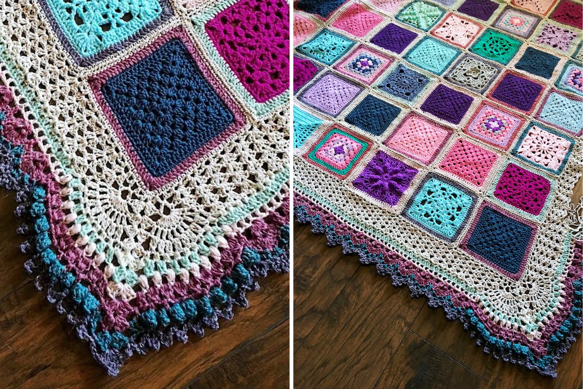 Close-up views of a vibrant blanket with colorful crocheted square patterns and a decorative multi-colored blanket border, displayed on a wooden floor.