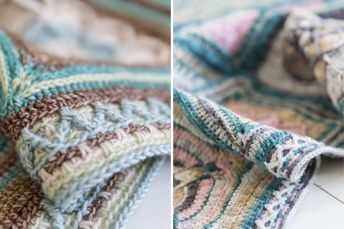 Close-up shots of a multicolored, textured crocheted blanket with blue, green, cream, and brown yarn in intricate patterns.
