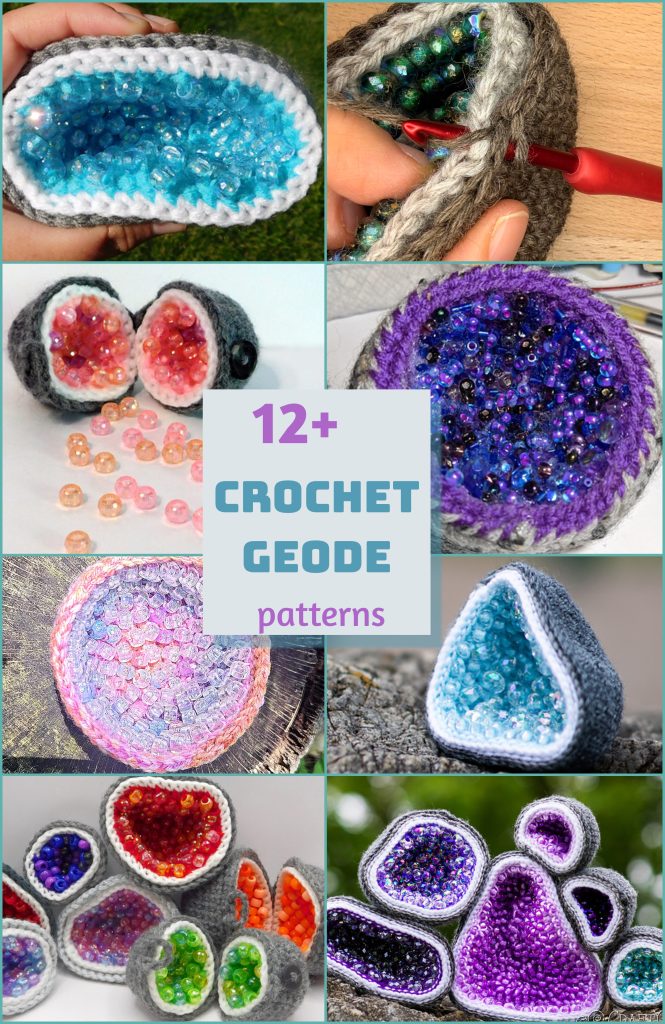 A collage of crochet geode patterns featuring dark yarn shells filled with colorful, translucent beads.