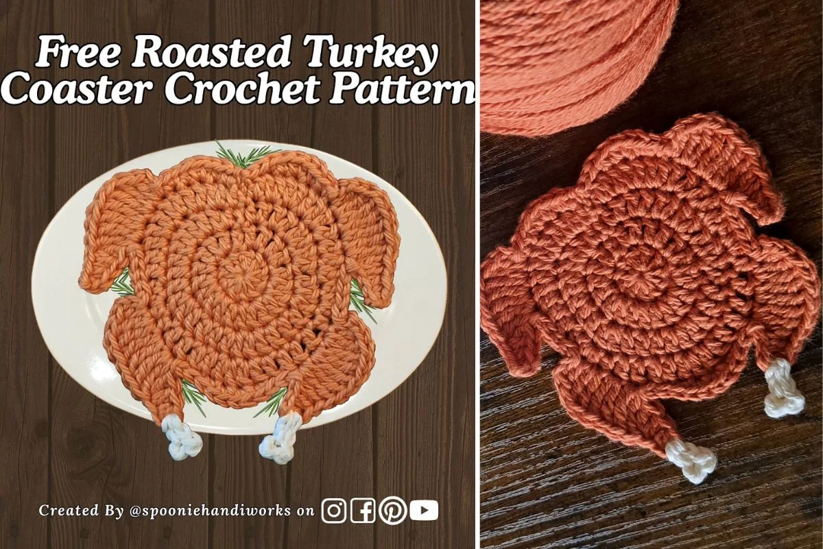 A crocheted coaster shaped like a roasted turkey is displayed on a plate and separately on a wooden surface, with text advertising a free pattern.