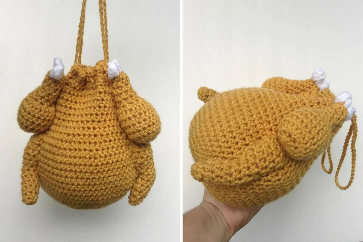 Two photos of a Turkey Purse crocheted to look like a roast turkey, complete with white leg accents and a drawstring—perfect for Thanksgiving festivities.