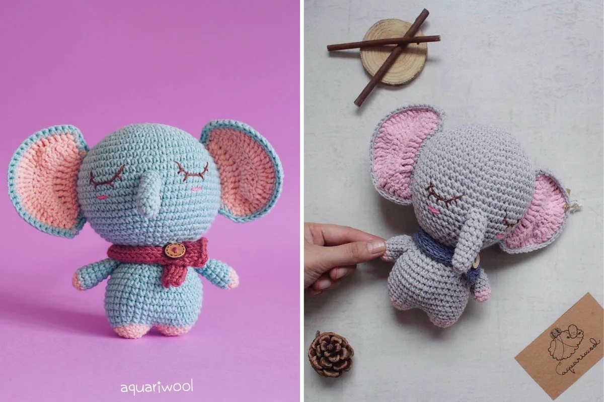 Two crochet elephant toys with pink ears and closed eyes, one light blue and one grey.