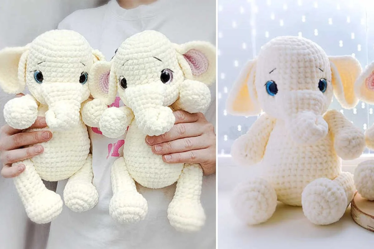 Two cream-colored amigurumi elephant toys with large blue eyes.