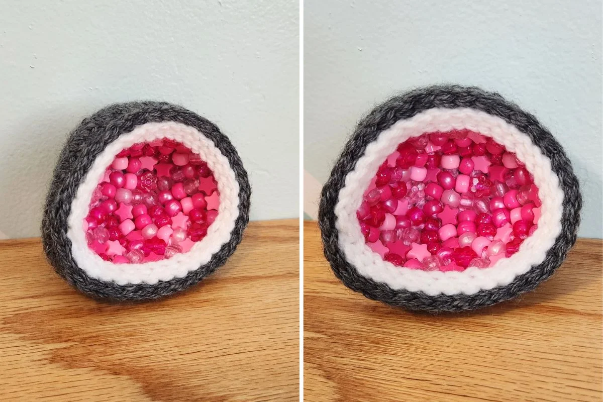 Two crochet geodes filled with an assortment of pink beads in various shapes.
