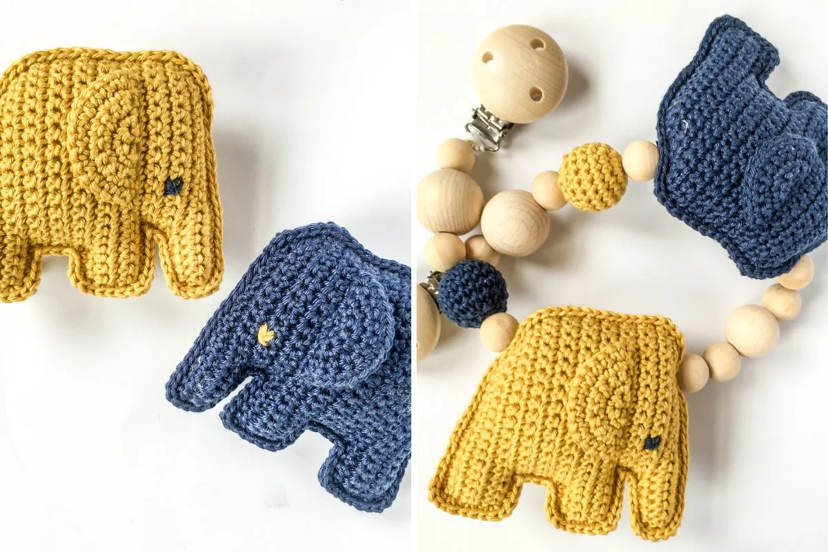 Two crochet elephant rattles, one yellow and one blue, alongside a wooden bead pacifier clip.