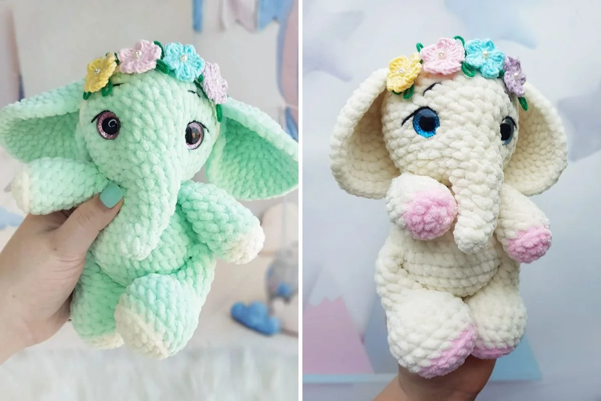 Two mint green and cream milk elephant amigurumi, each wearing a colorful floral crown.
