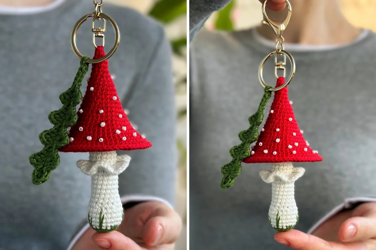 Crochet mushroom keychain with a red cap featuring white beads, a white stem, and a green vine attachment.