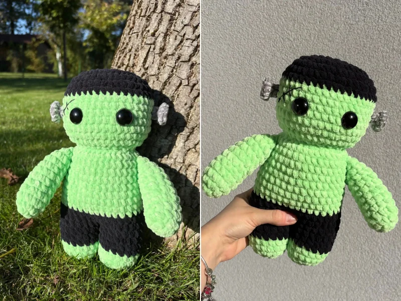 Two views of a crocheted Frankenstein’s monster doll made of green and black yarn.